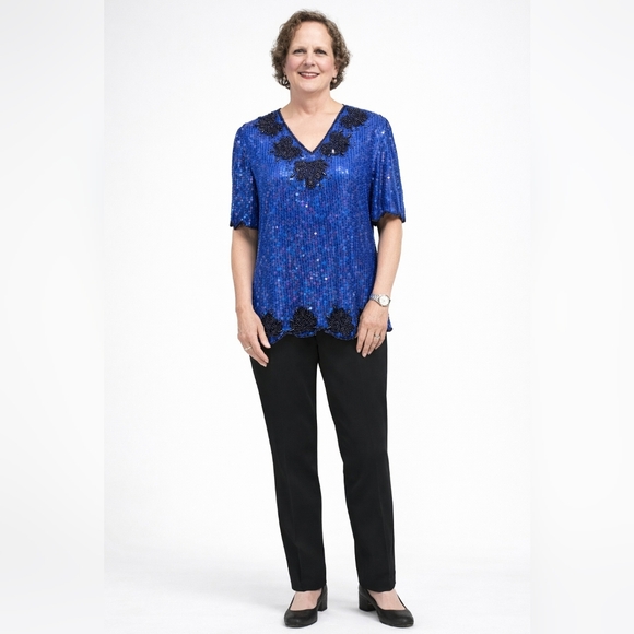 Stenay Tops - Stenay Royal Blue Sequin Blouse with Black Floral Details